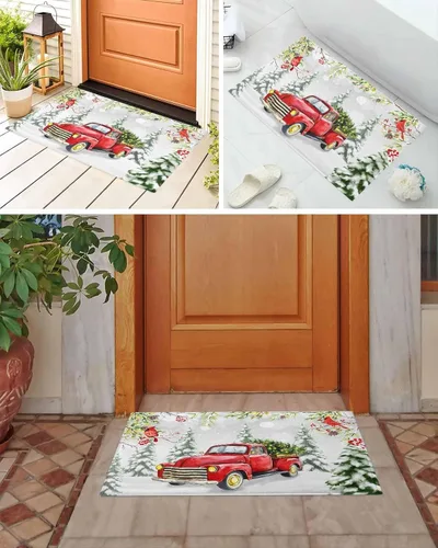 Vista 6 de Alfombra de baño esponjosa para camión rojo, cardenal de Navidad, antideslizante, alfombra suave para piso, árbol de Navidad, conos de pino, nieve