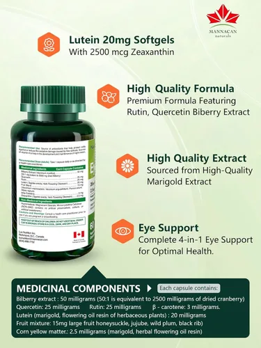 Vista 3 de Suplementos de luteína y zeaxantina, 60 cápsulas, luteína para ojos, suplemento de arándano para ojos, Areds 2 luteína zeaxantina vitamina