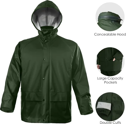 Vista 5 de FWG Traje de lluvia para hombre, chaqueta de trabajo impermeable resistente y pantalones con capucha