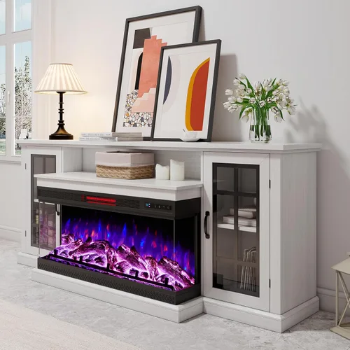 Vista 7 de LUXOAK Soporte de TV con chimenea de 75 pulgadas con chimenea eléctrica de Blanco envejecido