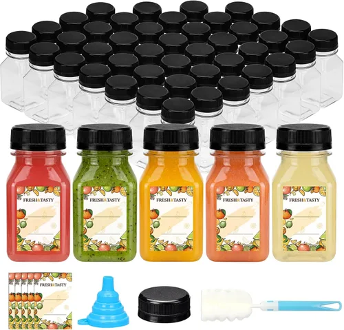 Vista 23 de TOMNK 12 botellas de plástico de 2 onzas con tapas, recipientes reutilizables transparentes a granel para bebidas de jengibre shot, jugo, leche