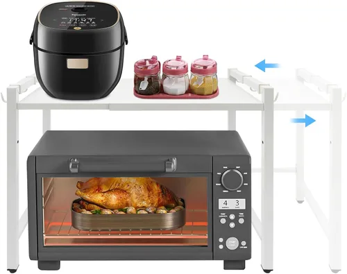 Vista 8 de Estante extensible para horno de microondas, estante ajustable para encimera de cocina, soporte de microondas de 2 niveles con 6 ganchos para Negro