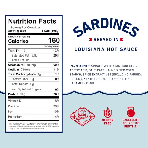 Vista 2 de Beach Cliff Sardinas Silvestres en Salsa Picante de Louisiana, lata de 3.75 oz - 14g de proteína por porción - Sin gluten, apto para dieta keto