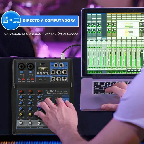 Vista 5 de Pyle Mezclador de Audio Profesional Placa de Sonido Consola del Sistema - 4 Canales - Bluetooth - Entrada USB MP3 para Computadora - 48V Phantom