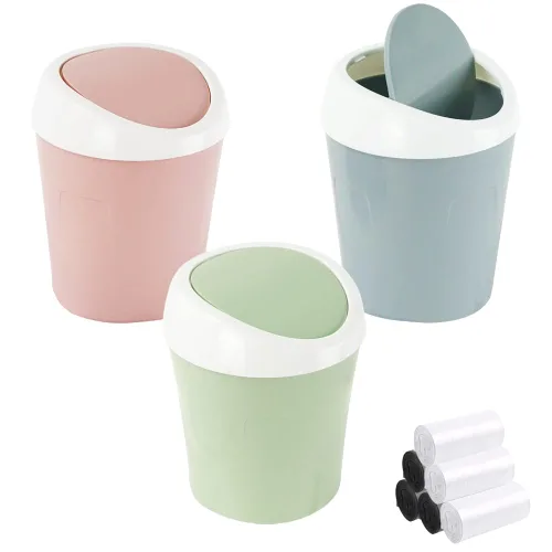 Vista 10 de SITAKE 2 cubos de basura de plástico con 120 bolsas de basura, pequeño cubo de basura de escritorio con tapa abatible para el hogar, oficina