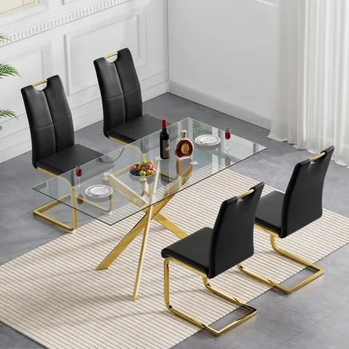 Vista 3 de Juego de mesa de comedor de cristal de 5 piezas para 4, moderno juego de mesa de cocina rectangular de vidrio templado transparente de 51.18
