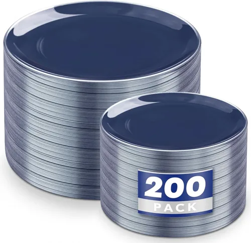 Vista 12 de KIRE 60 platos de plástico negro, platos desechables negros con borde dorado para fiesta de Halloween/graduación, incluye 30 unidades de 10.25
