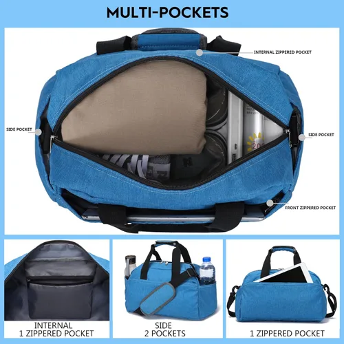 Vista 2 de Bolsa de gimnasio pequeña de 14 pulgadas para mujeres y hombres, mini bolsa de lona para viajes, deportes, bolsa de transporte ligera, color azul