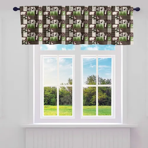 Vista 14 de Cortinas de cenefa de cabaña estilo retro, color negro y rojo, rayas de madera, cenefas de ventana para niños, adolescentes y adultos, oso salvaje