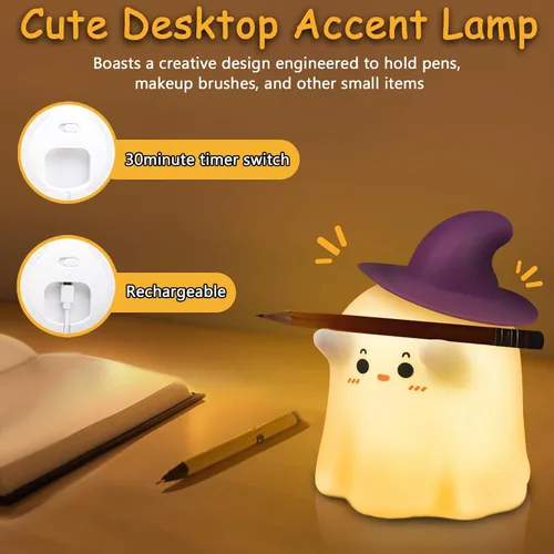 Vista 5 de Luz nocturna fantasma, luz nocturna de Halloween con temporizador, lámpara táctil suave y exprimible, lámpara recargable y regulable