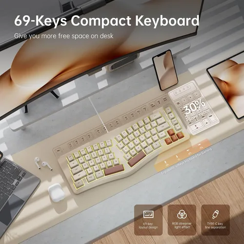 Vista 2 de 7KEYS Teclado ergonómico con cable, mini teclado compacto dividido de 69 teclas, retroiluminación RGB de 14+, cable USB tipo C desmontable