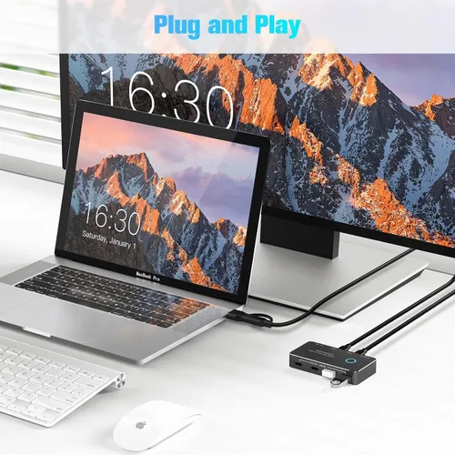 Vista 13 de RSHTECH USB 3.2/USB C Switch 10Gbps 2 ordenadores comparten 4 dispositivos, RSH-A201C Negro