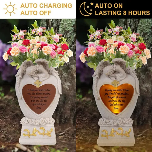 Vista 8 de Decoraciones de cementerio para tumba, ángel de jardín, luces solares, estatua conmemorativa familiar, regalo funerario, jarrón LED, ángel llorando