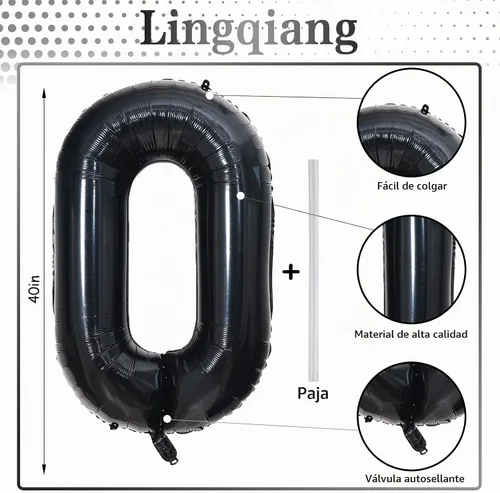 Vista 2 de Globo negro del número 0 para niñas y niños, 40 pulgadas, grande, número 0-9, de papel de aluminio, de Mylar para helio, juego de globos digitales