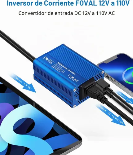 Vista 2 de Inversor de potencia para automóvil de Foval, de 12 V CC a 110 V AC, con cargador USB doble, Azul