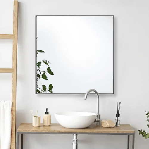 Vista 2 de 24x24 Inch Black Bathroom Mirror for Wall, Aluminum Frame Rectangle Rectangular Vanity Mirror, Modern Large for Bedroom, Living Room, Horizontal or
