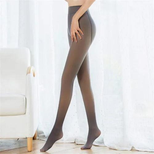 Vista 2 de Mallas con forro polar para mujer, mallas térmicas, falsas, translúcidas, color nude, de cintura alta, para invierno, cálidas, transparentes