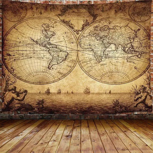 Vista 8 de JAWO Tapiz vintage antiguo de mapa del mundo, mapa náutico retro de doble hemisferio para colgar en la pared, mapa del mundo antiguo, arte de pared