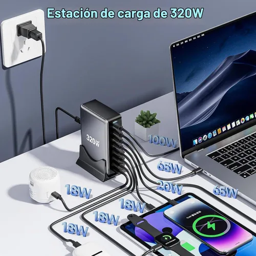 Vista 2 de 320W USB C Cargador Rápido de Bloque, Estación de Carga USB de 8 Puertos, Cargador de Pared para Laptop GaN Ⅲ Pro 100W PD PPS Puerto Estación