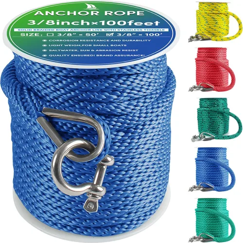 Vista 26 de Cuerda de anclaje premium de 50 pies x 1/2 pulgadas, línea de anclaje trenzada sólida MFP para barco con dedal y grillete - Negro