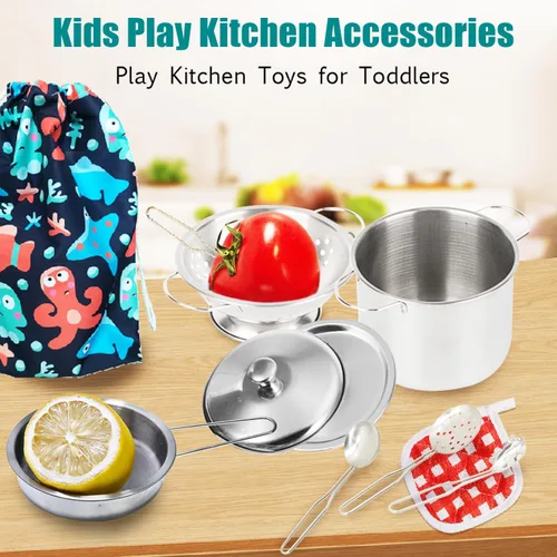 Vista 4 de Utensilios de cocina en miniatura, juguetes de cocina de juego de simulación, juego de cocina de acero inoxidable, juguetes de juego Montessori