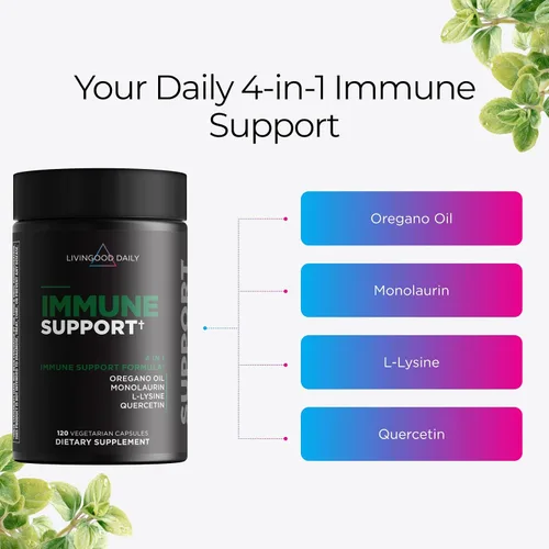 Vista 4 de Livingood Daily Suplemento de apoyo inmunológico, fórmula 4 en 1 con aceite de orégano, monolaurina, L lisina y quercetina, salud intestinal