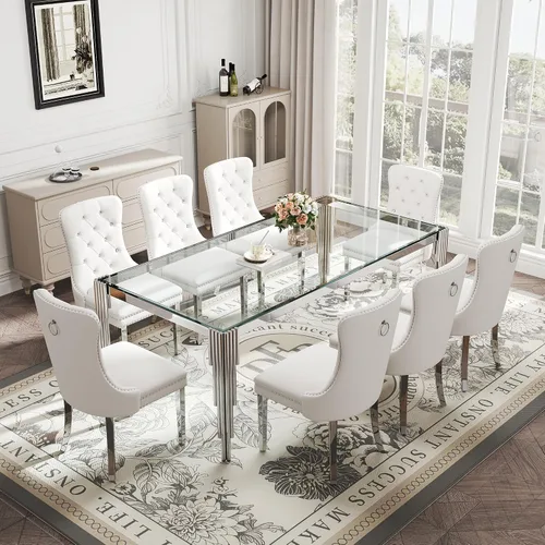 Vista 17 de Juego de mesa de comedor de cristal de 5 piezas para 4, mesa de cocina cuadrada de 37 pulgadas con 4 sillas tapizadas de terciopelo negro, mesa
