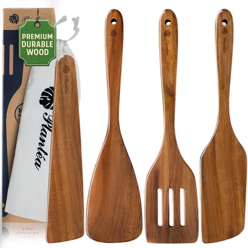 Vista 9 de Juego de 2 espátulas de madera para cocinar, 12 pulgadas, espátula plana de madera de acacia y aleta para hierro fundido, huevos, panqueques