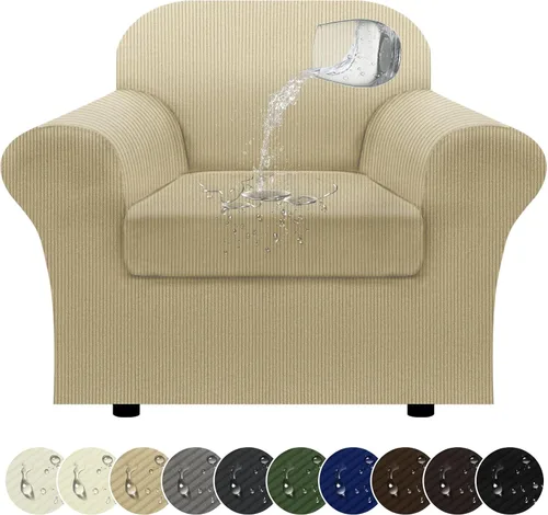 Vista 45 de Funda impermeable para silla con brazos, juego de 2 piezas, funda a rayas para 1 sofá separado con cojín en T, fundas de sillón de tela
