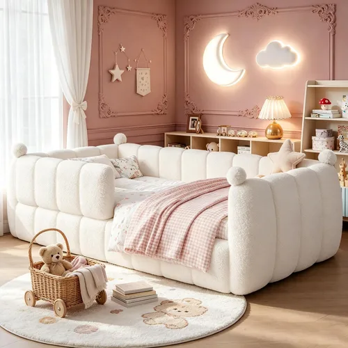 Vista 20 de Bellemave Cama Montessori tapizada de vellón de peluche de tamaño matrimonial con valla, marco de cama infantil de perfil bajo con barandillas