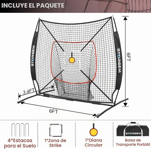 Vista 2 de Storgem 6'X6' Baseball Softball Practice Net with Strike Zone & Bow Frame
