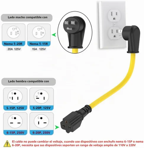 Vista 4 de 1-FT 12AWG ángulo recto 15 amperios enchufe de CA doméstico a cable adaptador de 20 amperios