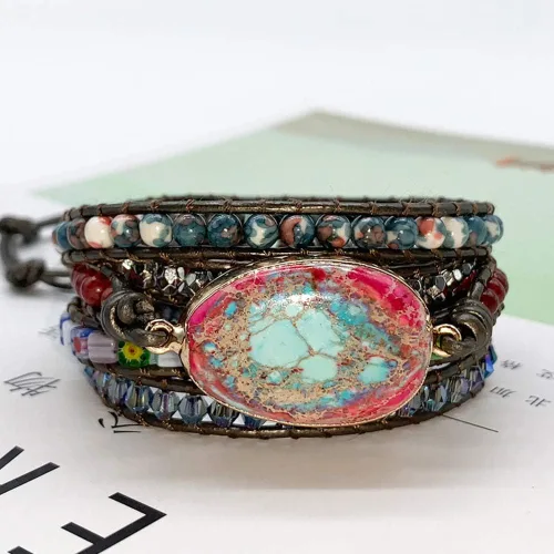 Vista 49 de ZOSOJONA - Pulseras bohemias hechas a mano de piedra natural, que dan vuelta, con cuentas de cristal de turquesa