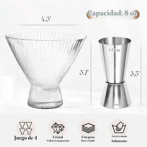 Vista 2 de VIMERPA Vasos de Martini, juego de 4 copas de Martini acanaladas sin tallo, cupé grande de 8 onzas, para champán expreso, estilo retro de cristal