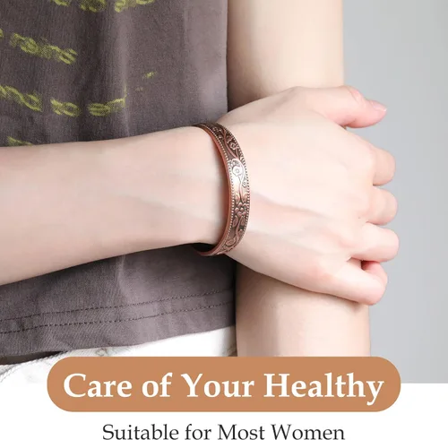 Vista 5 de Jecanori Pulsera de cobre puro y anillo de cobre para mujeres y hombres, pulsera de flores vintage, regalos del día de San Valentín, Metal, Sin