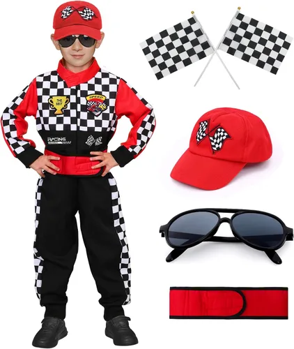 Vista 7 de Latocos Disfraz de piloto de carreras para niños y niñas, overol de corredor con gorra de automóvil, lentes de sol, disfraz para niños, juego de rol