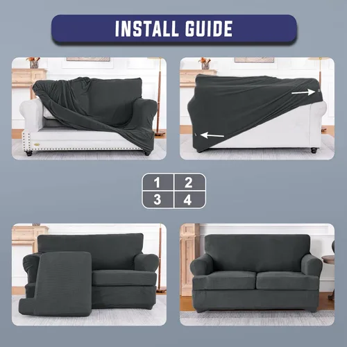 Vista 5 de Fundas de sofá elásticas de 2 piezas para sillas con cojines en forma de T, fundas protectoras de muebles con 1 funda de asiento individual