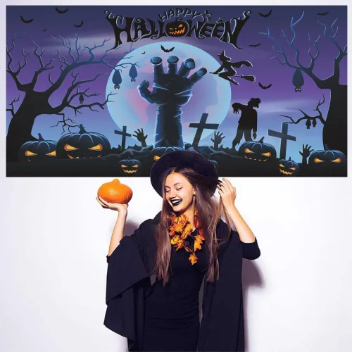 Vista 3 de Telón de fondo de Halloween de 7 x 5 pies, pancarta de fondo de noche de terror para fiesta de Halloween, calabaza, luna, rama de árbol seco