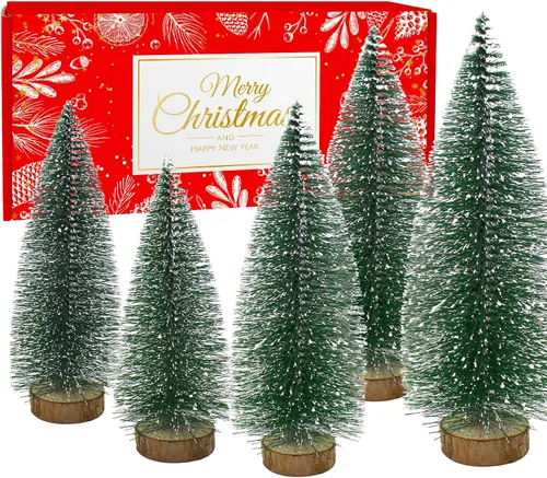 Vista 10 de Mini árbol de Navidad con luces, árboles de Navidad de cepillo de botella con base de madera, mini árbol de pueblo navideño de mesa