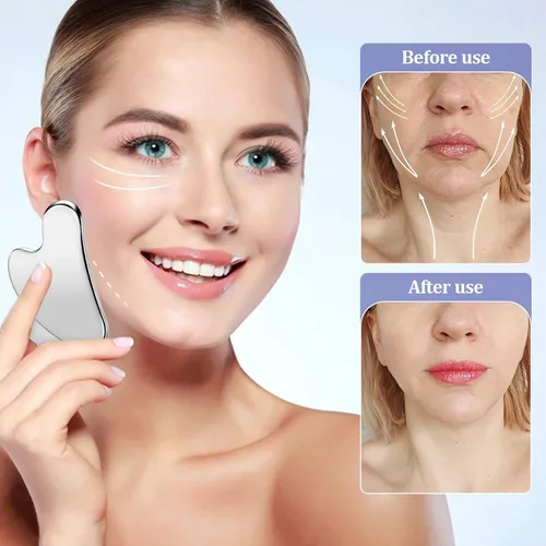 Vista 4 de Herramienta facial de raspado de acero inoxidable para esculpir la mandíbula y drenaje linfático descongestivo, herramienta de masajeador facial