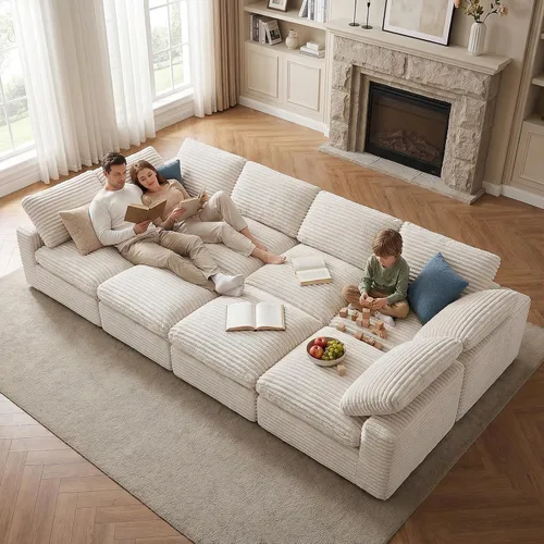 Vista 28 de KKL Sofá modular de 150 pulgadas, sofá modular en forma de U con otomana, sofá de pana sin hueso para sala de estar y dormitorio, sofá modular Negro