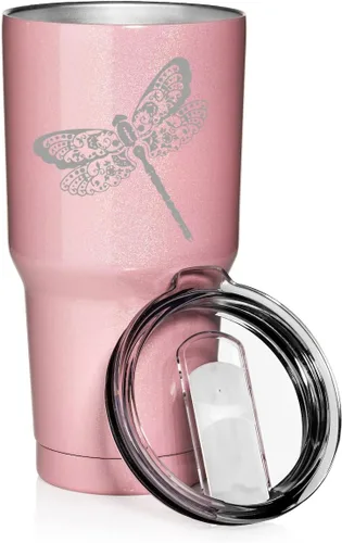Vista 5 de Vaso de 30 onzas de acero inoxidable con aislamiento al vacío, taza de viaje con libélula floral (purpurina azul claro)