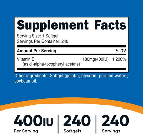 Vista 2 de Nutricost Vitamina E 400 UI, 240 Cápsulas de gelatina blanda - Sin gluten, sin OMG