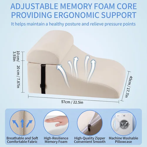 Vista 4 de Almohada de lectura para cama para adultos, almohada de cuña de espuma viscoelástica cabecero con soporte lumbar ajustable, cojín de respaldo
