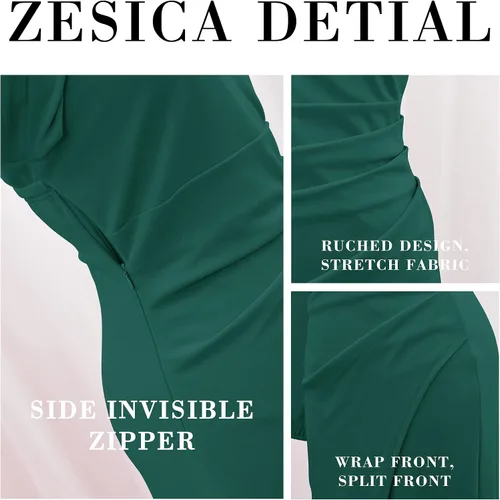 Vista 4 de ZESICA Vestido de cóctel de manga larga con un hombro descubierto para mujer, sexy, con abertura alta, fruncido, entallado, para fiesta de boda