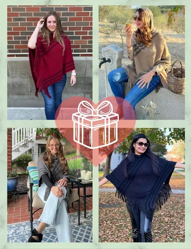 Vista 5 de Ferand Suéter poncho de punto con capucha y rayas en zigzag para mujer con flecos