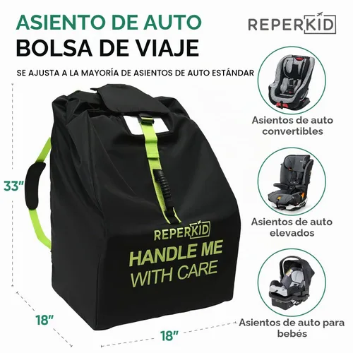 Vista 4 de reperkid Bolsa de viaje para asiento de automóvil para avión, negro y verde, 33" H x 18" W x 18" D, se adapta a la mayoría de asientos convertibles