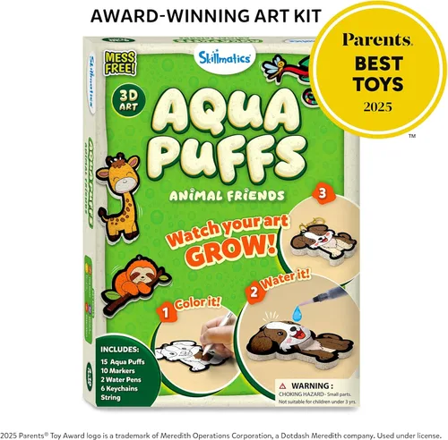Vista 4 de Skillmatics Aqua Puffs - Kit de arte 3D, animales, pintura sin desorden por números, manualidades para niños, actividades de color de bricolaje