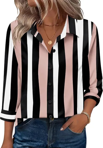 Vista 10 de Zeagoo Camisas con botones para mujer, manga 3/4, cuello en V, blusas con cuello en V, trajes casuales de negocios