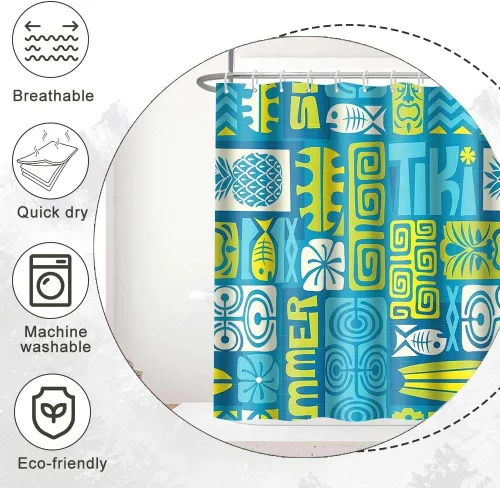 Vista 4 de Hawaii - Cortina de ducha exótica Tiki, 36 x 72 pulgadas, cortinas de ducha retro hawaianas étnicas de pez, piña, estilo tribal Tiki Juego